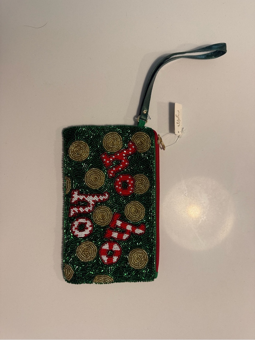 Beaded 'Ho Ho Ho' Wristlet Pouch - Green